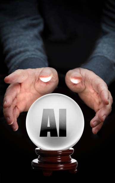 Artificial Intelligence concept with crystal ball with AI inside and hands hovering over