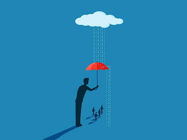 Insurance, Consultant holding an umbrella to protect the rain for a group of businessmen to move forward steadily