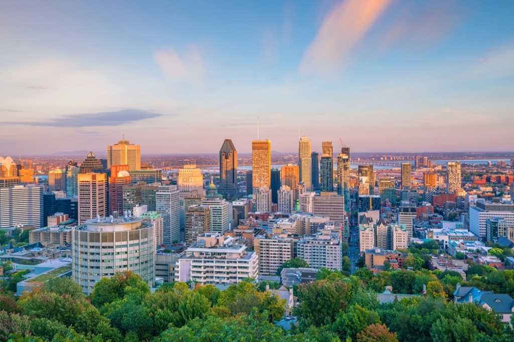 Panoramic skyline view of downtown Montreal from top view at sunset in Canada