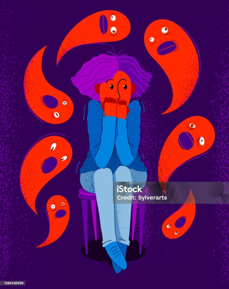 Phobia of ghosts and spirits paranormal vector illustration, girl scared in panic attack surrounded with imaginary ghosts flying around her, psychology and psychiatry.